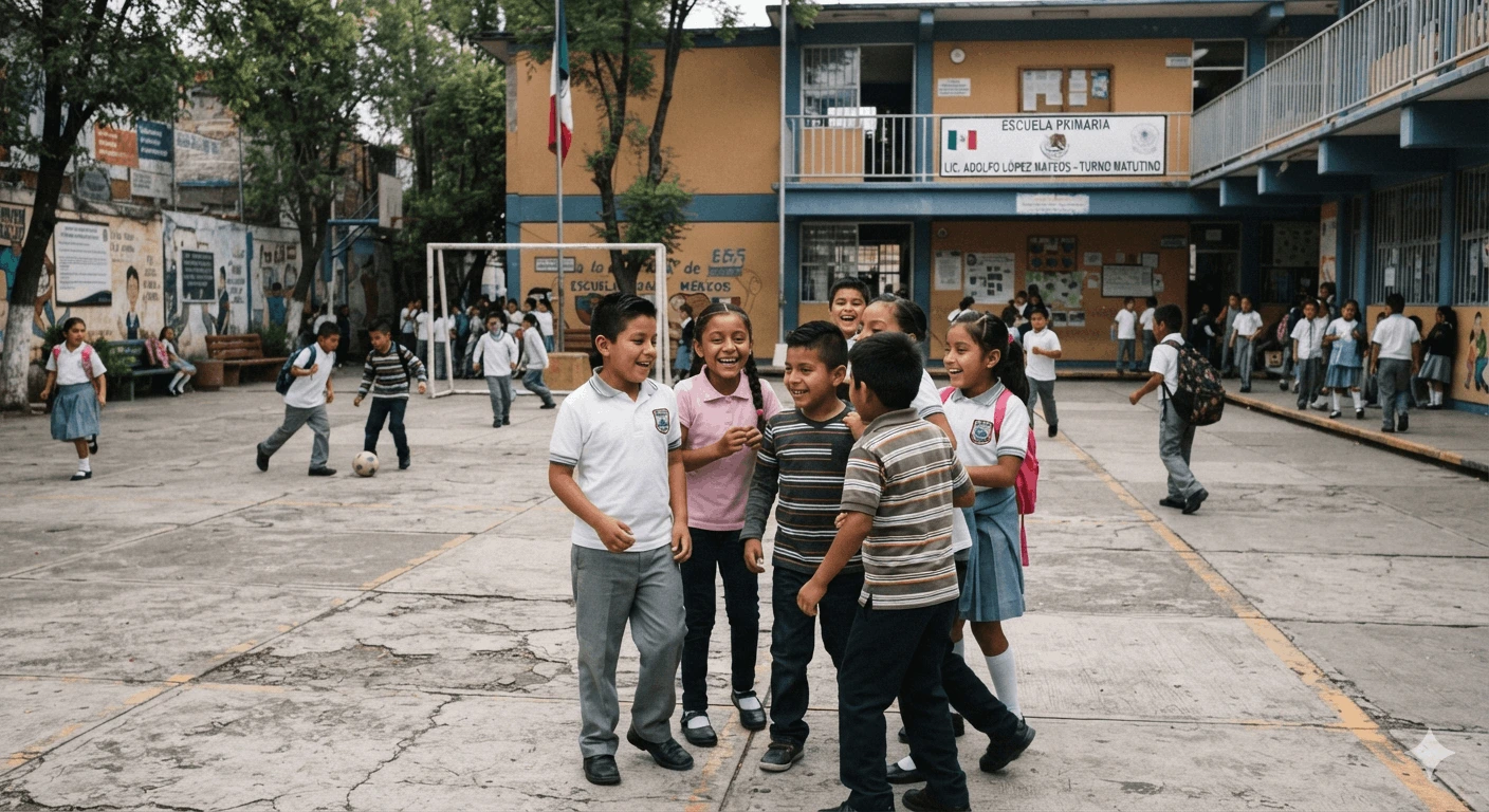 Niños jugando en el patio de su escuela y riendo