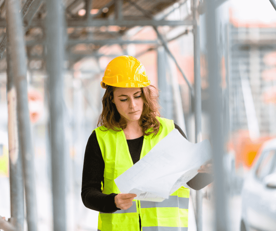 Mujer en construcción casco y chaleco de seguridad